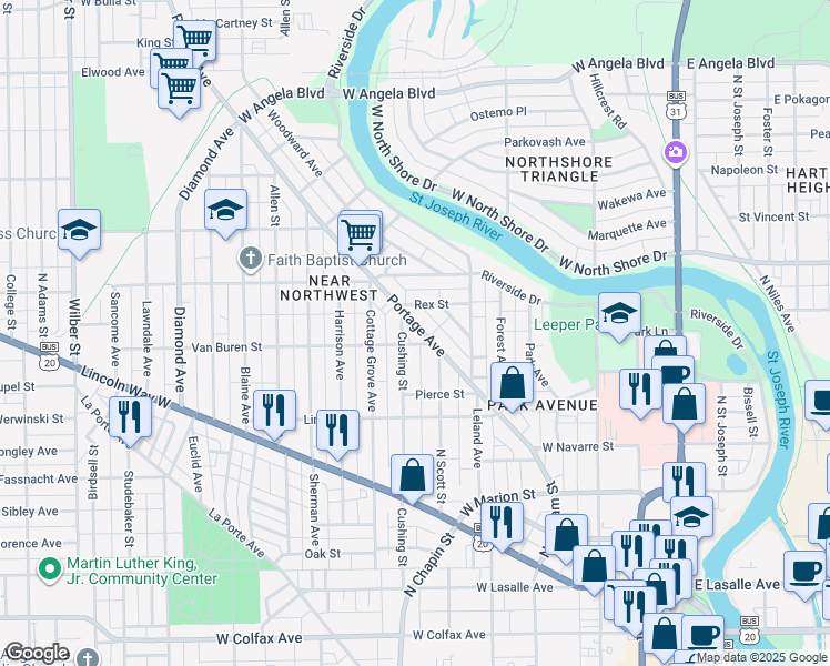 map of restaurants, bars, coffee shops, grocery stores, and more near 811 Portage Avenue in South Bend