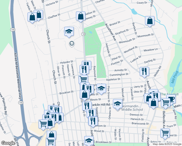 map of restaurants, bars, coffee shops, grocery stores, and more near 254 Florida Street in New Bedford