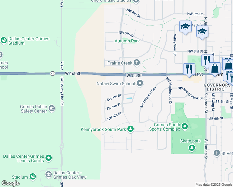 map of restaurants, bars, coffee shops, grocery stores, and more near 1201 Southwest 4th Street in Grimes