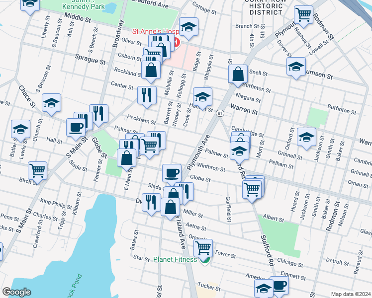 map of restaurants, bars, coffee shops, grocery stores, and more near 385 Palmer Street in Fall River
