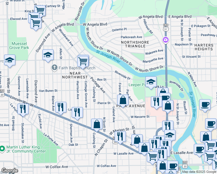 map of restaurants, bars, coffee shops, grocery stores, and more near 813 Ashland Avenue in South Bend