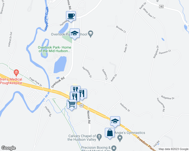 map of restaurants, bars, coffee shops, grocery stores, and more near 19 Hartstone Drive in Poughkeepsie