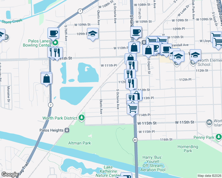map of restaurants, bars, coffee shops, grocery stores, and more near 7328 113th Street in Worth