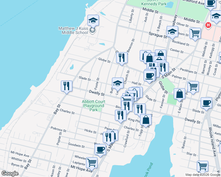 map of restaurants, bars, coffee shops, grocery stores, and more near 195 Butler Street in Fall River