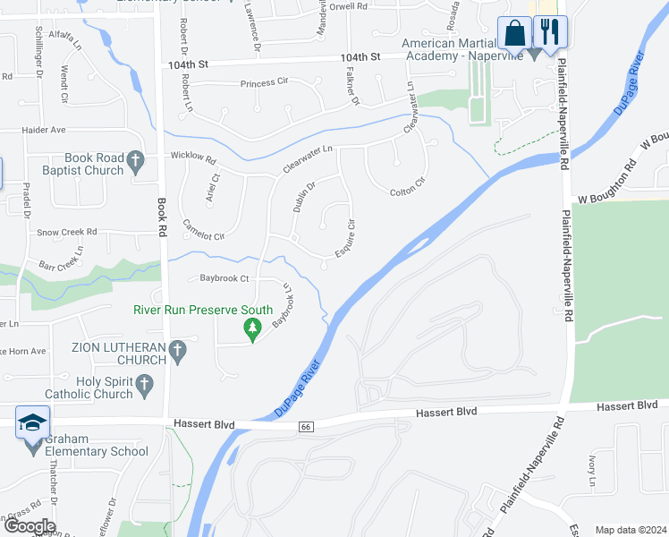 map of restaurants, bars, coffee shops, grocery stores, and more near 4431 Esquire Circle in Naperville