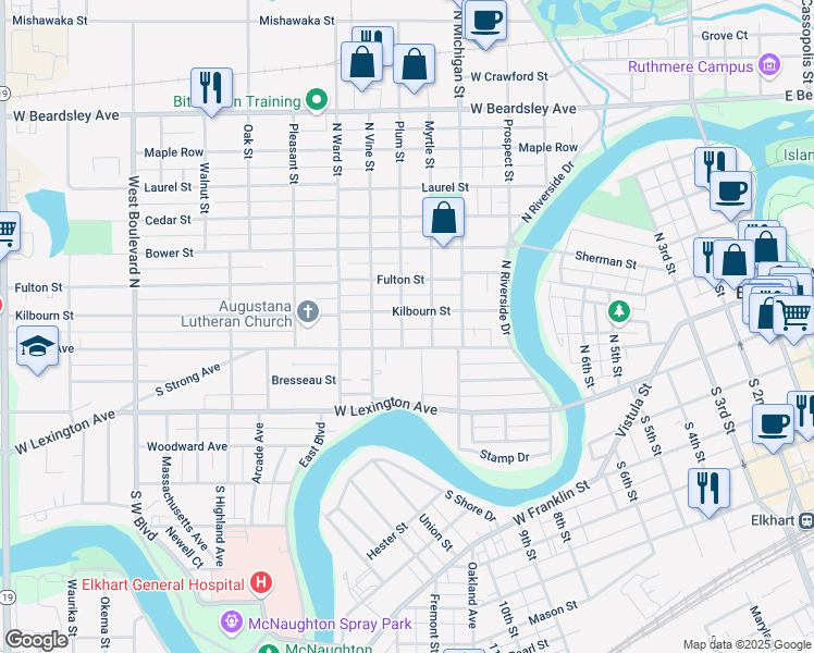 map of restaurants, bars, coffee shops, grocery stores, and more near 120 Plum Street in Elkhart