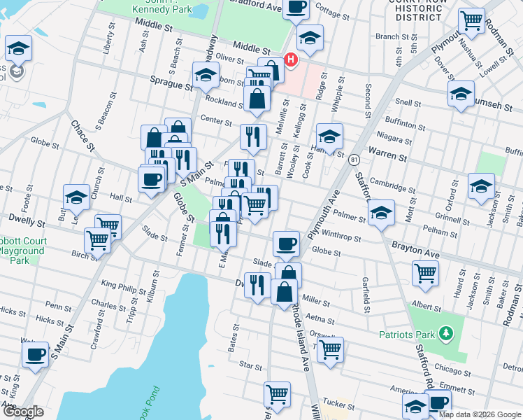 map of restaurants, bars, coffee shops, grocery stores, and more near 240 Montaup Street in Fall River