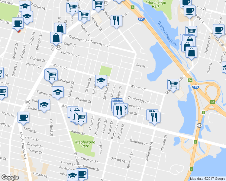 map of restaurants, bars, coffee shops, grocery stores, and more near 187 Smith Street in Fall River