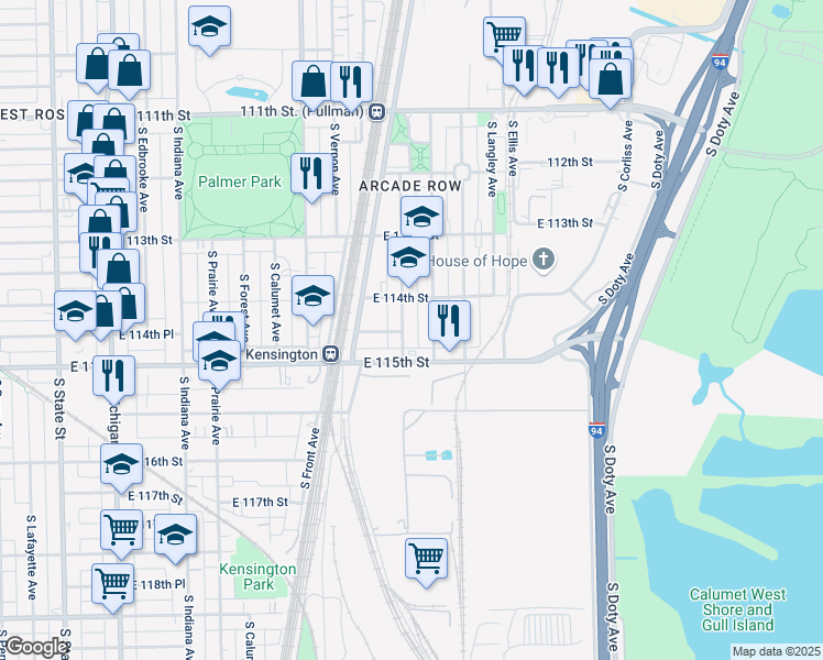 map of restaurants, bars, coffee shops, grocery stores, and more near 11429 South Forrestville Avenue in Chicago