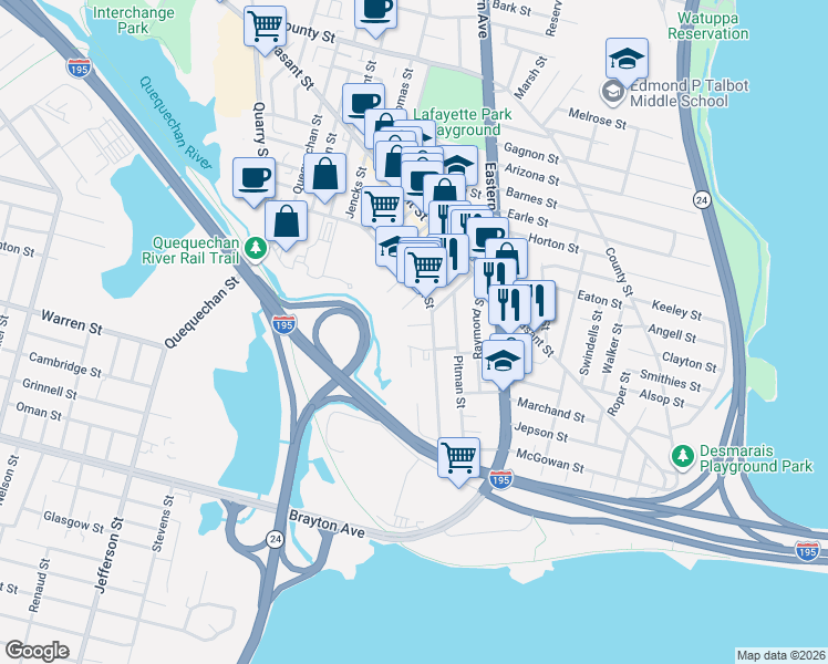 map of restaurants, bars, coffee shops, grocery stores, and more near 421 Alden Street in Fall River