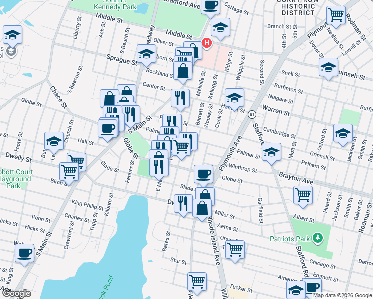 map of restaurants, bars, coffee shops, grocery stores, and more near 240 Montaup Street in Fall River