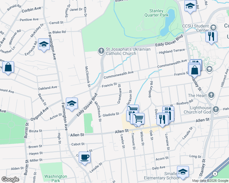 map of restaurants, bars, coffee shops, grocery stores, and more near 74 Hawthorne Street in New Britain
