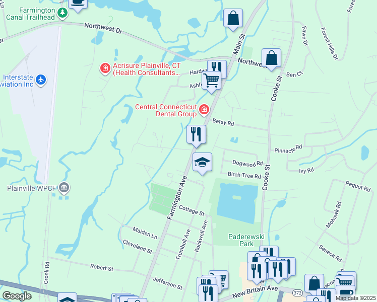 map of restaurants, bars, coffee shops, grocery stores, and more near 28 Northampton Lane in Plainville