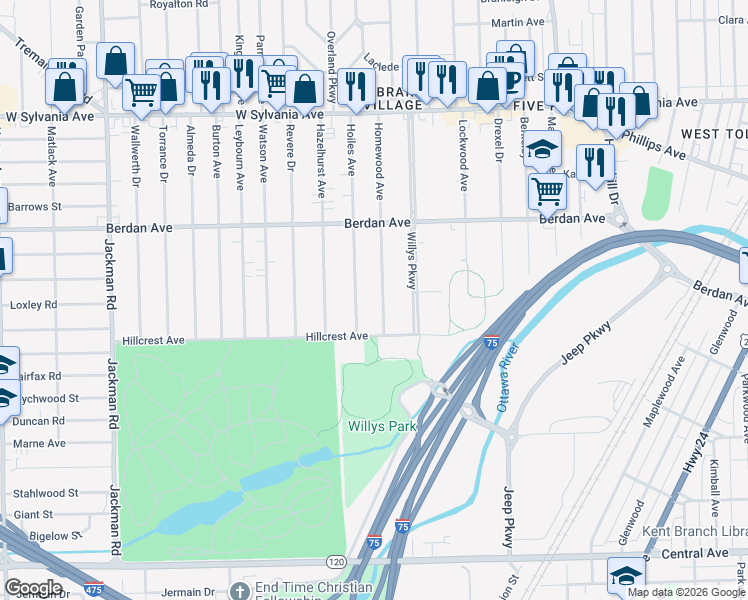 map of restaurants, bars, coffee shops, grocery stores, and more near 3544 Hoiles Avenue in Toledo