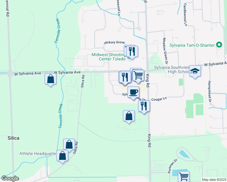 map of restaurants, bars, coffee shops, grocery stores, and more near 3860 Sylvan Lakes Boulevard in Sylvania