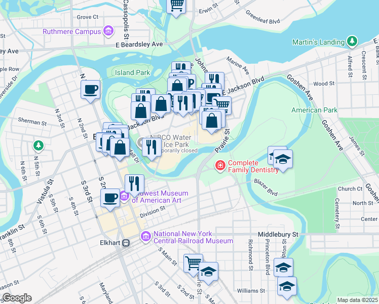 map of restaurants, bars, coffee shops, grocery stores, and more near 318 South Elkhart Avenue in Elkhart