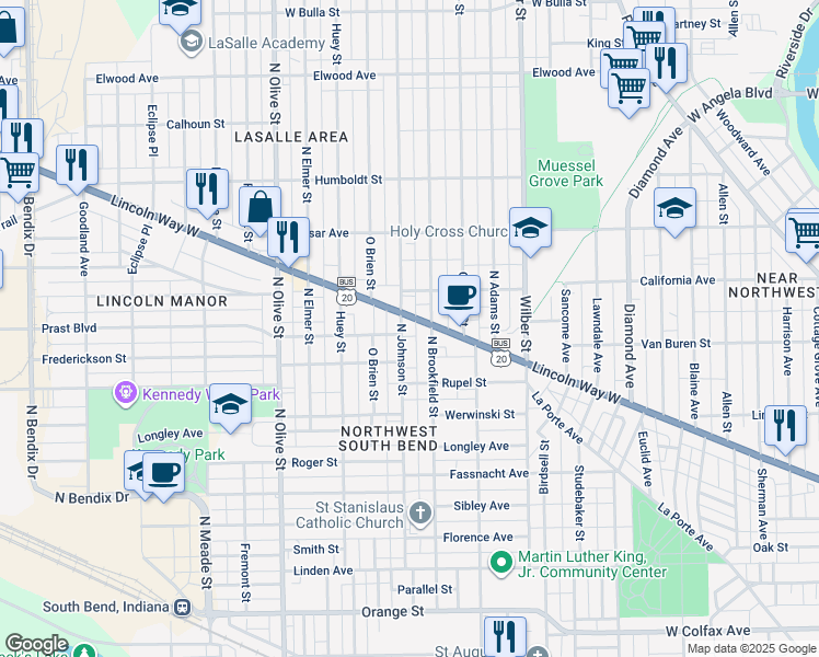 map of restaurants, bars, coffee shops, grocery stores, and more near 1918 Lincoln Way West in South Bend