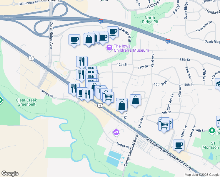 map of restaurants, bars, coffee shops, grocery stores, and more near 920B Boston Way in Coralville