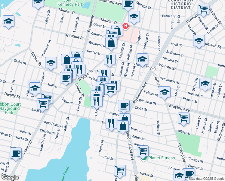 map of restaurants, bars, coffee shops, grocery stores, and more near 240 Montaup Street in Fall River