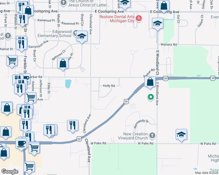map of restaurants, bars, coffee shops, grocery stores, and more near 421 Holly Road in Michigan City