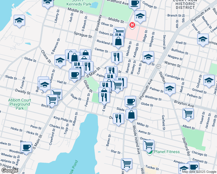 map of restaurants, bars, coffee shops, grocery stores, and more near 303 East Main Street in Fall River