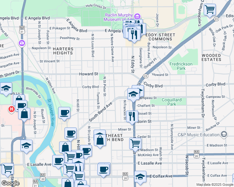 map of restaurants, bars, coffee shops, grocery stores, and more near 820 North Notre Dame Avenue in South Bend