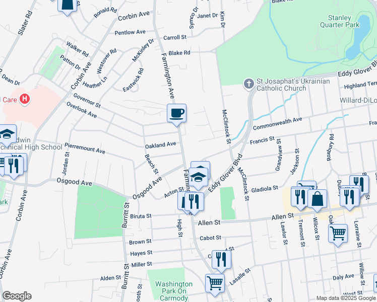 map of restaurants, bars, coffee shops, grocery stores, and more near 322 Farmington Avenue in New Britain