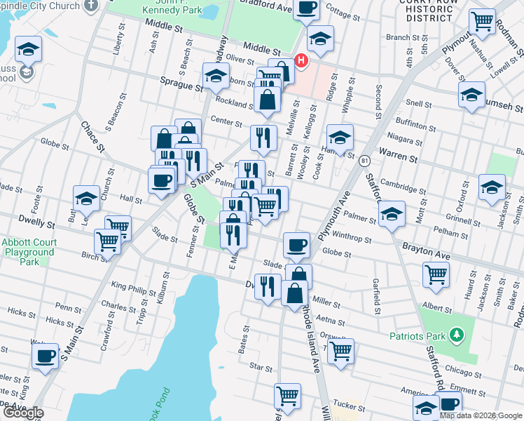 map of restaurants, bars, coffee shops, grocery stores, and more near 240 Montaup Street in Fall River