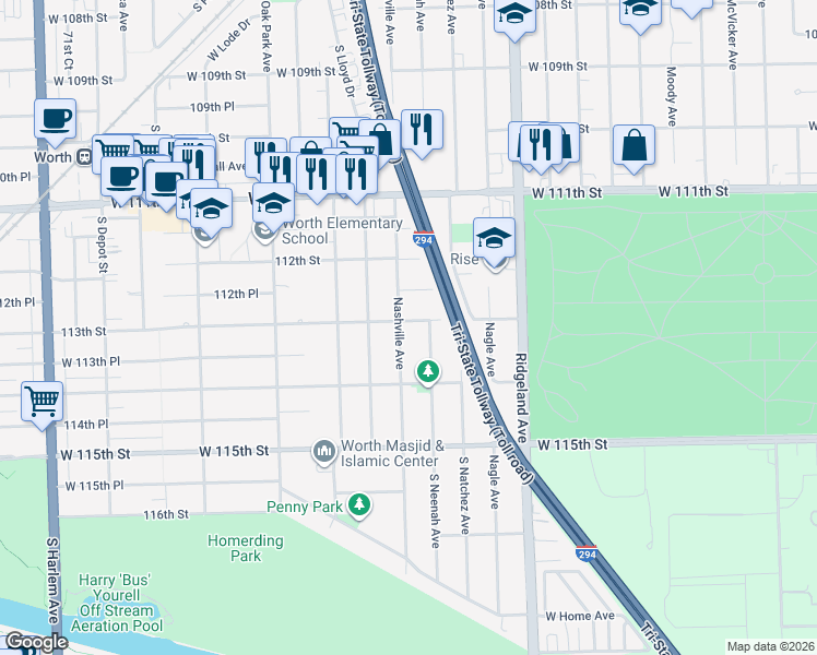 map of restaurants, bars, coffee shops, grocery stores, and more near 11301 Nashville Avenue in Worth