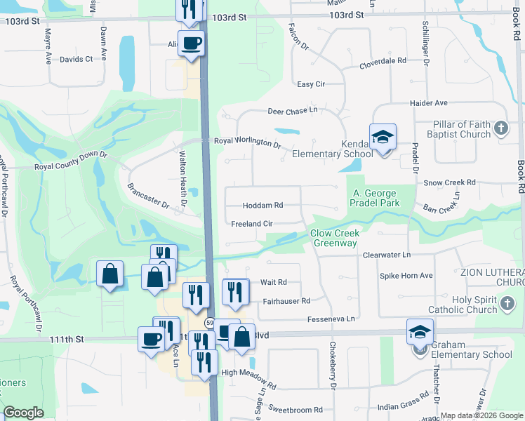 map of restaurants, bars, coffee shops, grocery stores, and more near 2632 Hoddam Road in Naperville