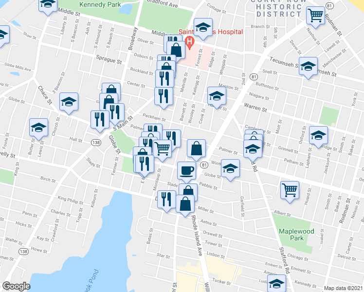 map of restaurants, bars, coffee shops, grocery stores, and more near 132 Vale Street in Fall River