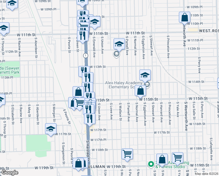 map of restaurants, bars, coffee shops, grocery stores, and more near 11414 South Lowe Avenue in Chicago