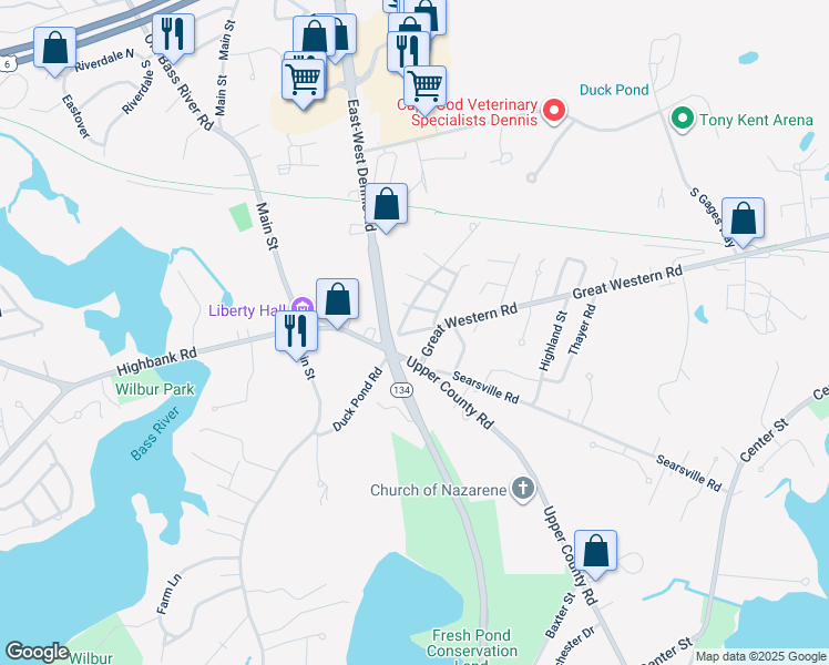 map of restaurants, bars, coffee shops, grocery stores, and more near 7 Great Western Way in Dennis