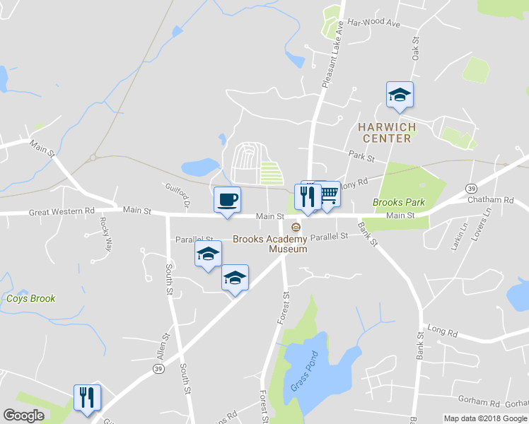 map of restaurants, bars, coffee shops, grocery stores, and more near 672 Main Street in Harwich