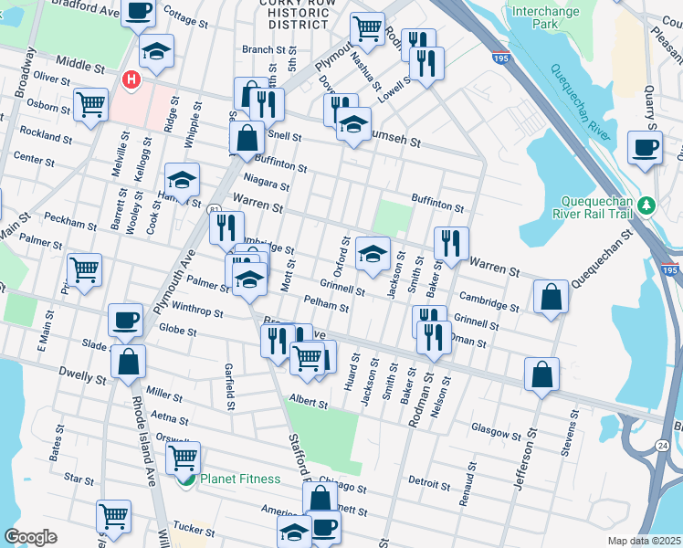 map of restaurants, bars, coffee shops, grocery stores, and more near 118 Oxford Street in Fall River