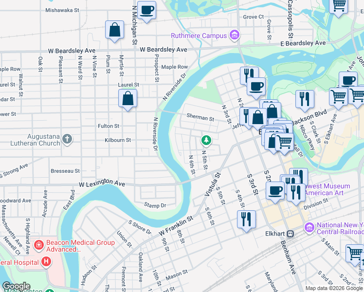 map of restaurants, bars, coffee shops, grocery stores, and more near 636 Moody Avenue in Elkhart