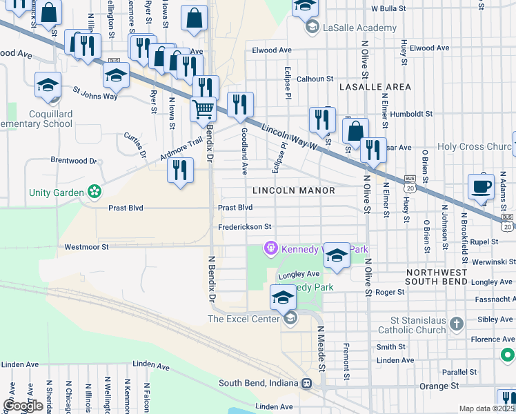 map of restaurants, bars, coffee shops, grocery stores, and more near 2905 Prast Boulevard in South Bend