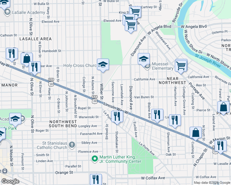 map of restaurants, bars, coffee shops, grocery stores, and more near 812 Sancome Avenue in South Bend