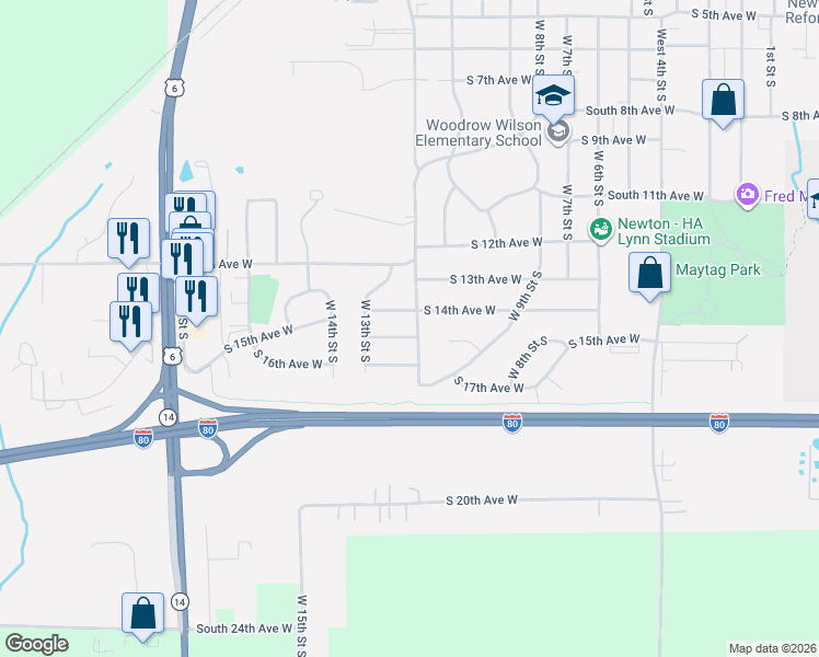 map of restaurants, bars, coffee shops, grocery stores, and more near 1450 West 12th Street South in Newton
