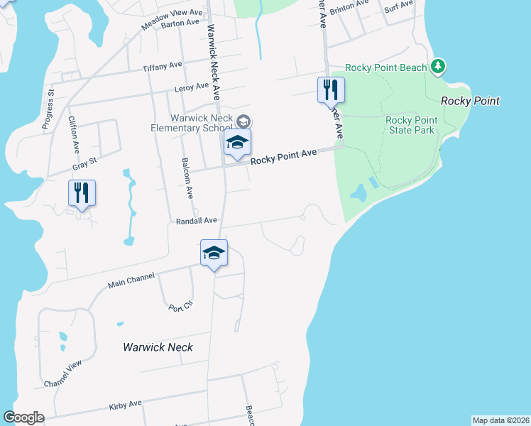 map of restaurants, bars, coffee shops, grocery stores, and more near 191 Aldrich Avenue in Warwick