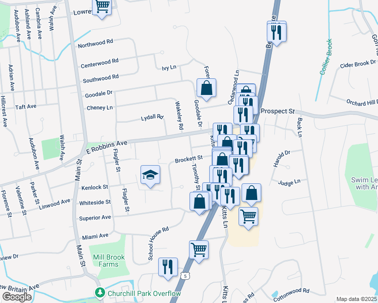 map of restaurants, bars, coffee shops, grocery stores, and more near 27 Timothy Street in Newington