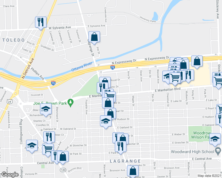 map of restaurants, bars, coffee shops, grocery stores, and more near 230 Majestic Drive in Toledo