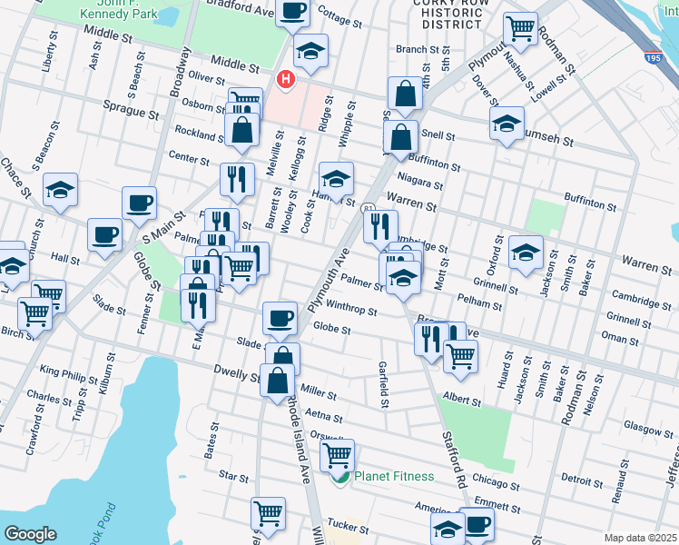 map of restaurants, bars, coffee shops, grocery stores, and more near 1232 Plymouth Avenue in Fall River