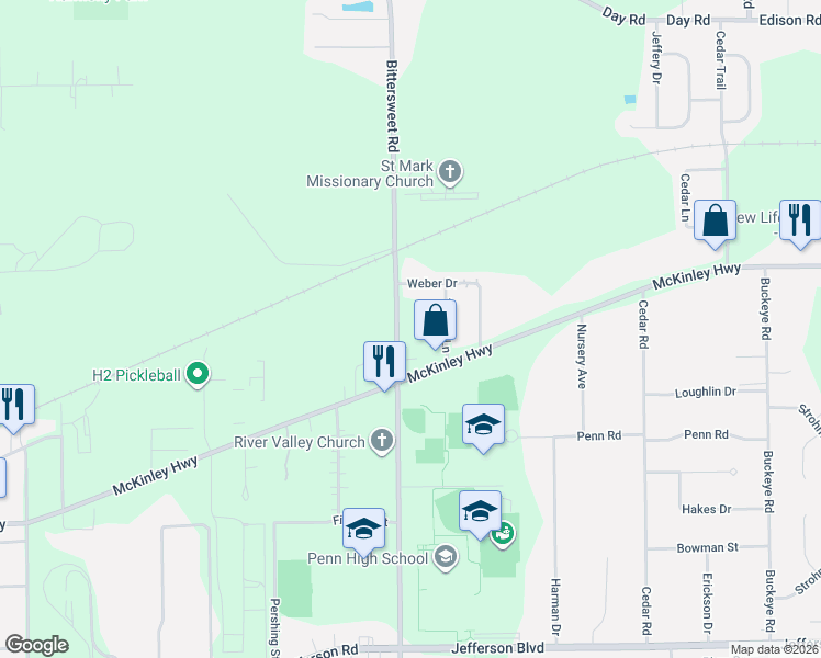 map of restaurants, bars, coffee shops, grocery stores, and more near 55550 Bittersweet Road in Mishawaka