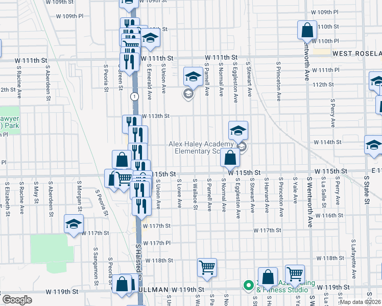 map of restaurants, bars, coffee shops, grocery stores, and more near 11414 South Wallace Street in Chicago
