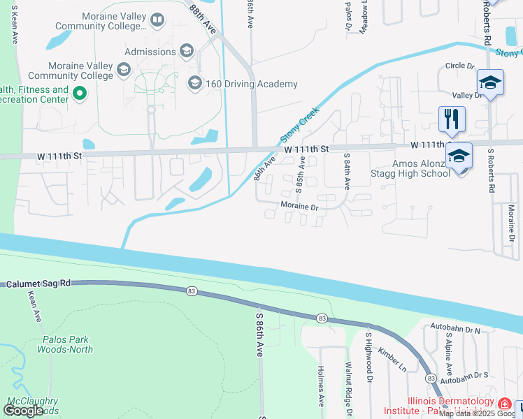 map of restaurants, bars, coffee shops, grocery stores, and more near 21 Cour Leroux in Palos Hills
