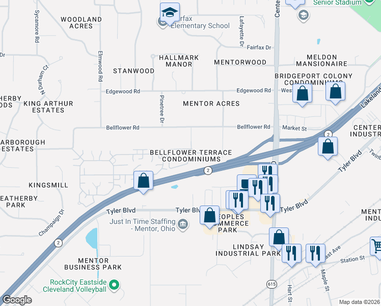 map of restaurants, bars, coffee shops, grocery stores, and more near 6785 Kirkwood Drive in Mentor