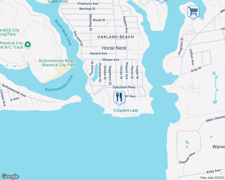 map of restaurants, bars, coffee shops, grocery stores, and more near 825 Oakland Beach Avenue in Warwick