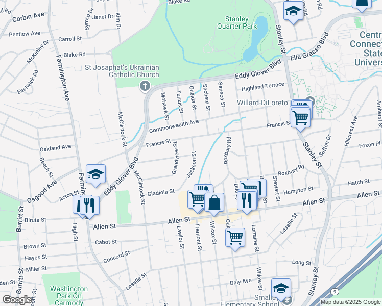 map of restaurants, bars, coffee shops, grocery stores, and more near 98 Jackson Street in New Britain