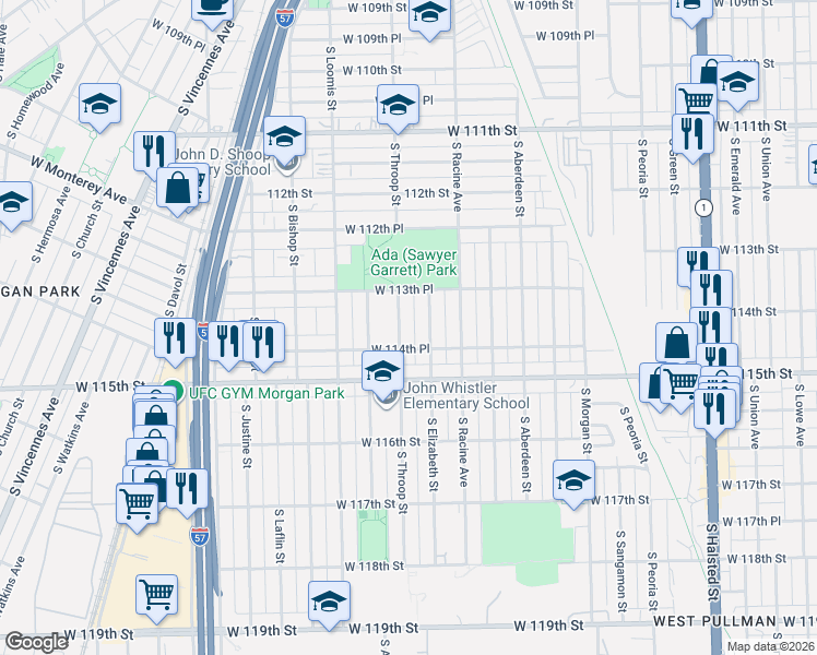 map of restaurants, bars, coffee shops, grocery stores, and more near 11405 South Throop Street in Chicago